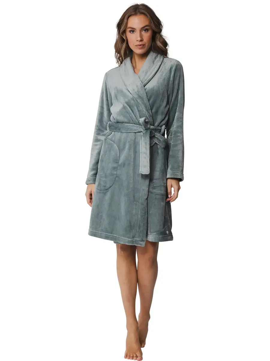 Pastunette dames Badjas Fleece - Groen - Warme winter ochtendjas - Sjaalkraag - Ceintuur