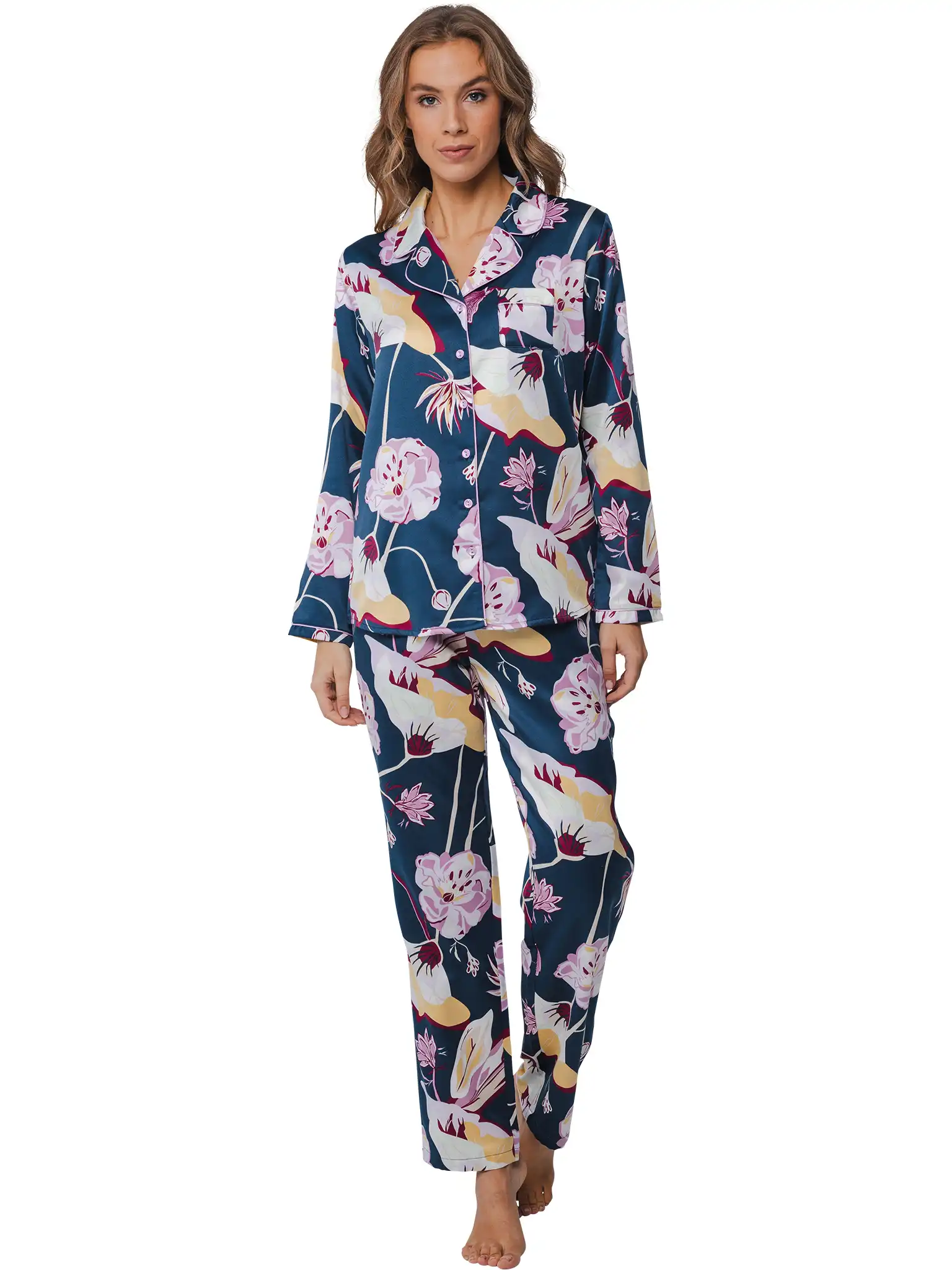 Pastunette Deluxe Dames Pyjama Satijn lange mouwen - Blauw - Luxe nachtkleding dames