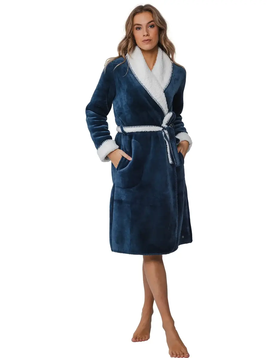 Pastunette dames Badjas Fleece - Morning Gown - Warme winter ochtendjas donkerblauw