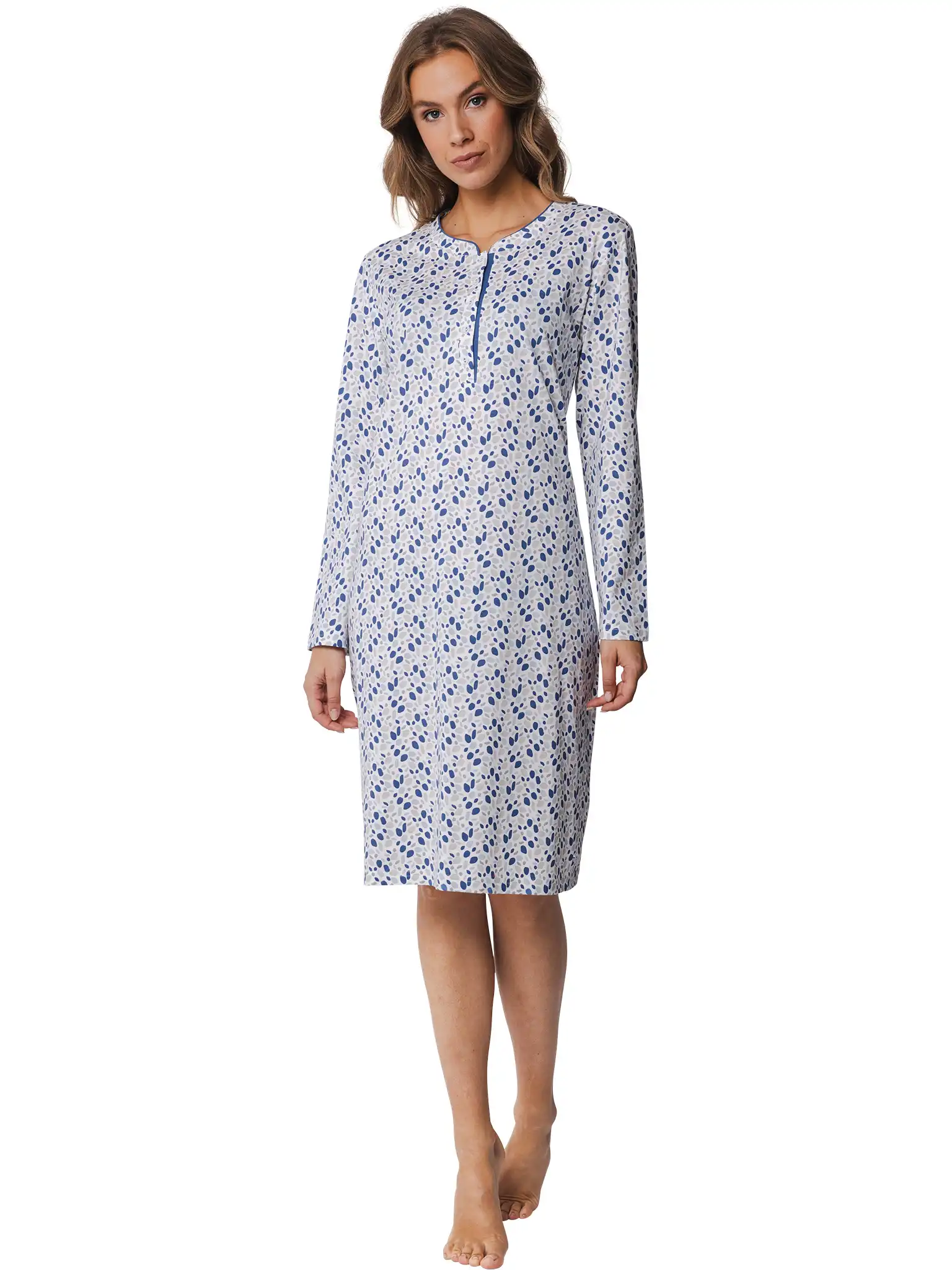 Pastunette dames nachthemd lange mouw - knoopsluiting - Blauw - Maat 54