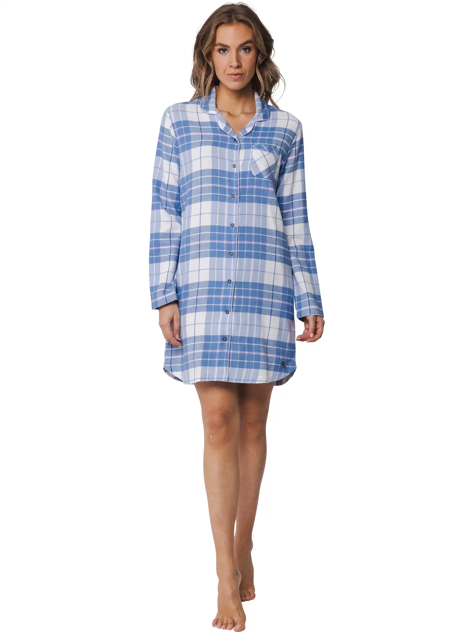 Rebelle Flanellen dames nachthemd lange mouw - Blauw geruit - 100% katoen