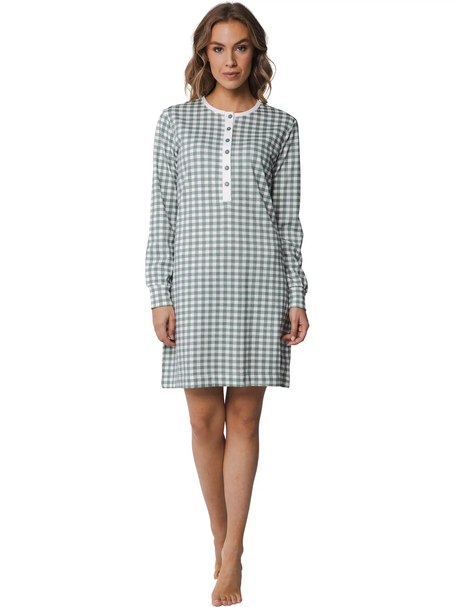 Pastunette dames nachthemd lange mouw - Groen geruit - 100% katoenen vrouwen nachtjapon met knoopsluiting