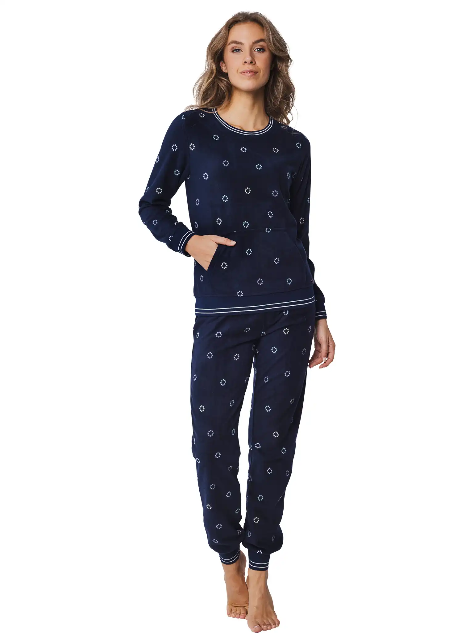 Rebelle warme fleece pyjama dames - Donkerblauw - Warme winter pyjama lange mouwen en ronde hals