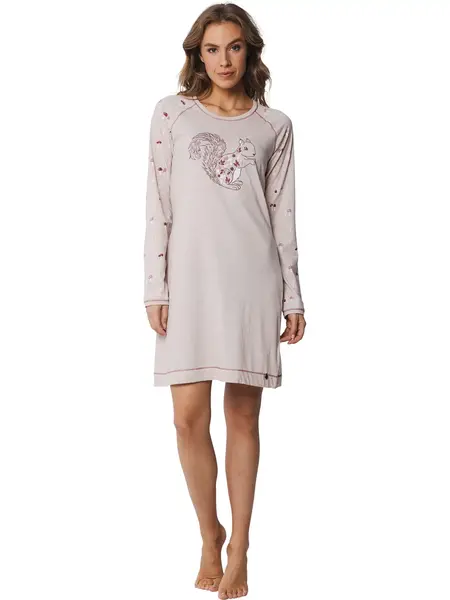 Rebelle dames nachthemd lange mouw - Beige nachtjaon ronde hals tricot