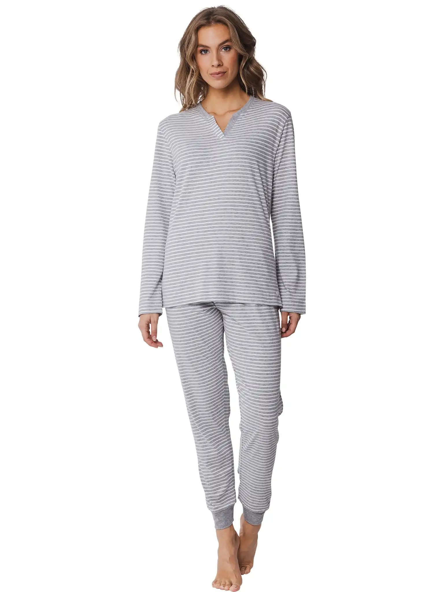 Pastunette Dames Pyjama katoen met lange mouwen - Grijs - Maat 52