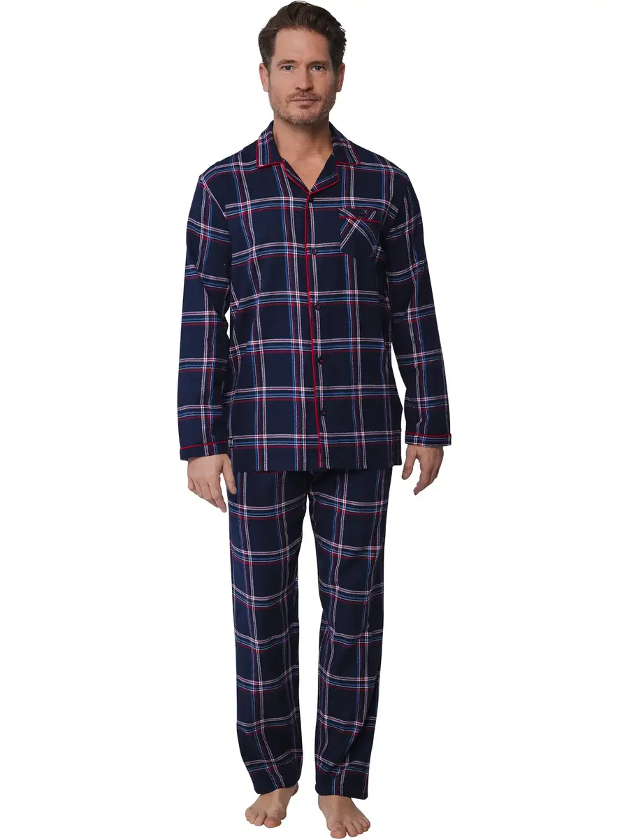 Pastunette Flanellen Heren Pyjama met knoopsluiting  - Donkerblauw - Maat S