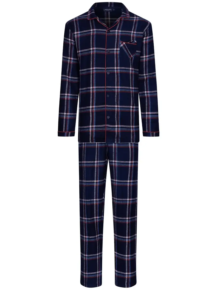 Pastunette Flanellen Heren Pyjama met knoopsluiting  - Donkerblauw - Maat S
