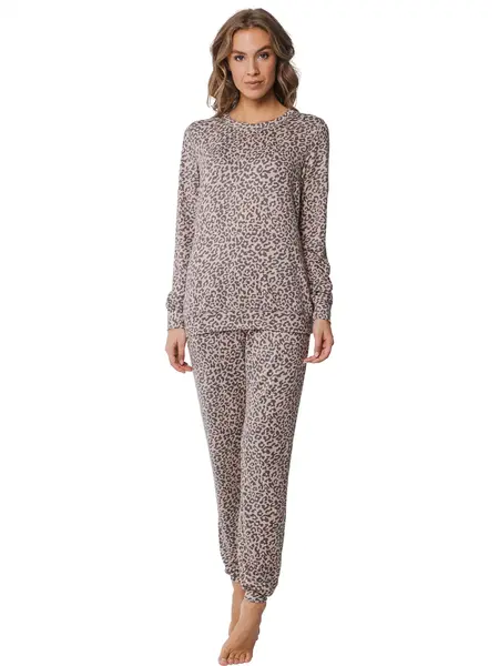 Pastunette Dames Pyjama met lange mouwen - Beige panterprint - Maat 50