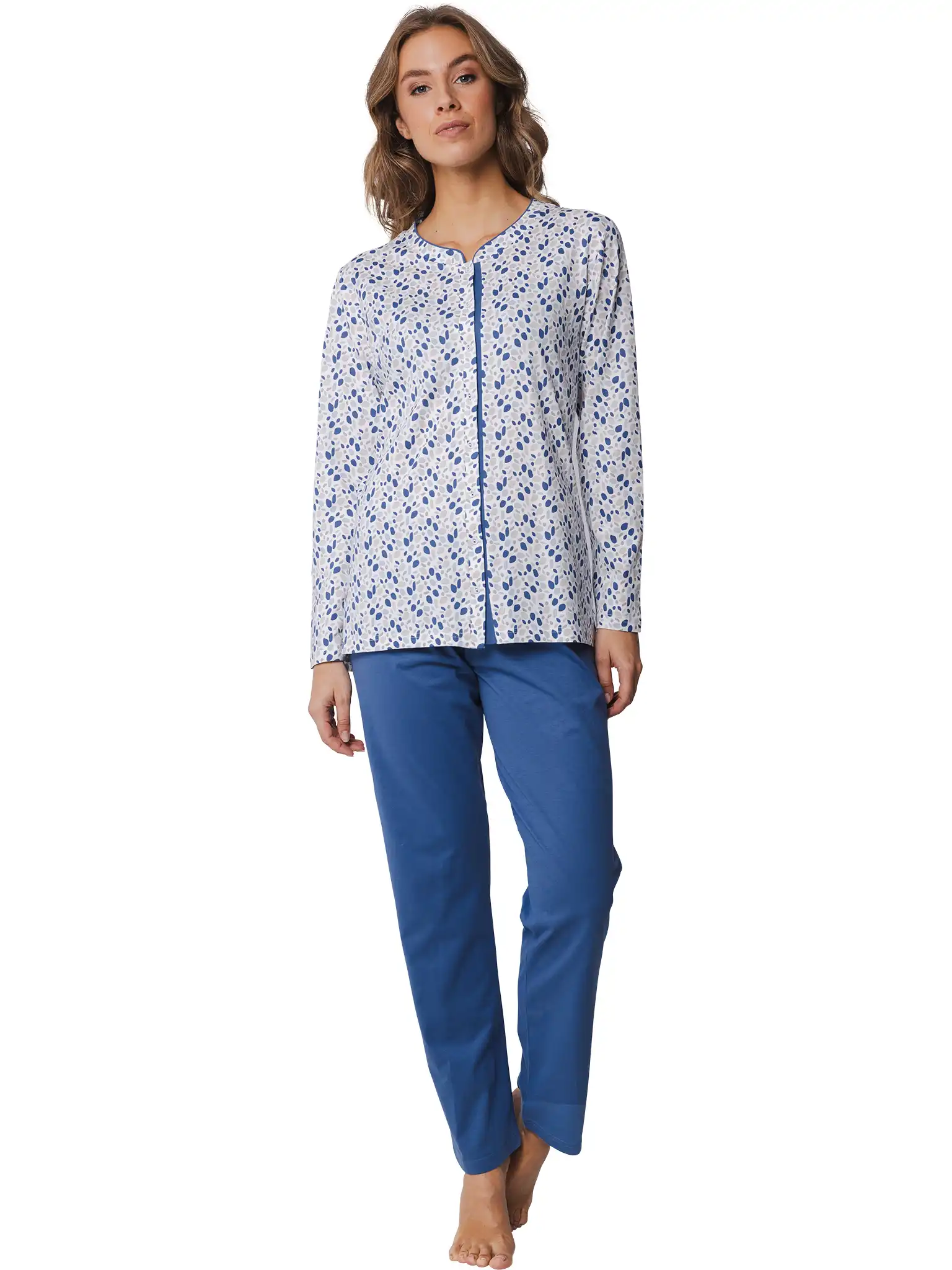 Pastunette dames katoenen pyjama met knoopsluiting - Blauw - 100% katoenen tricot doorknoop pyjama