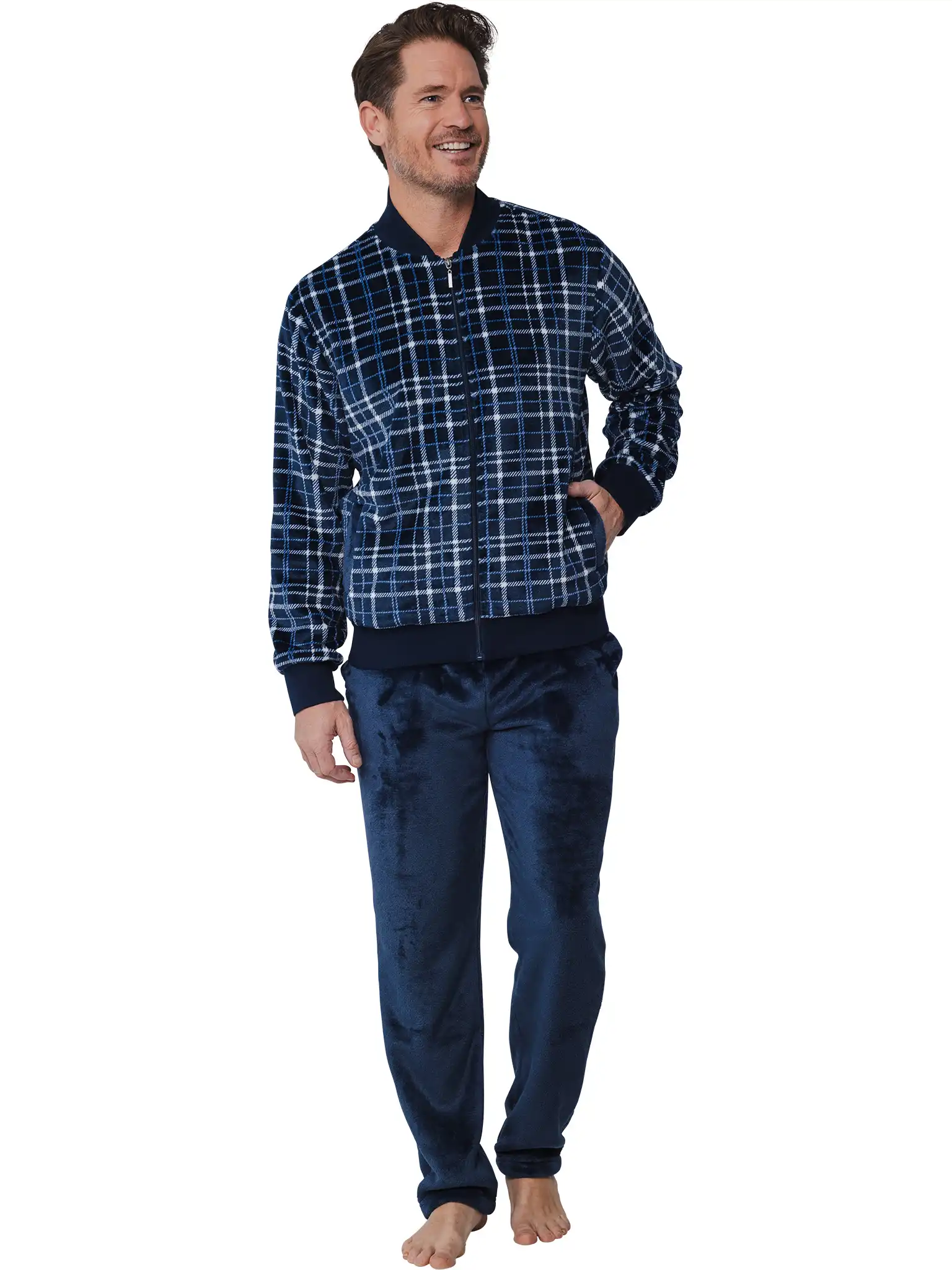Pastunette huispak heren Flanel Fleece - Donkerblauw warm heren pyjamapak 2-delig