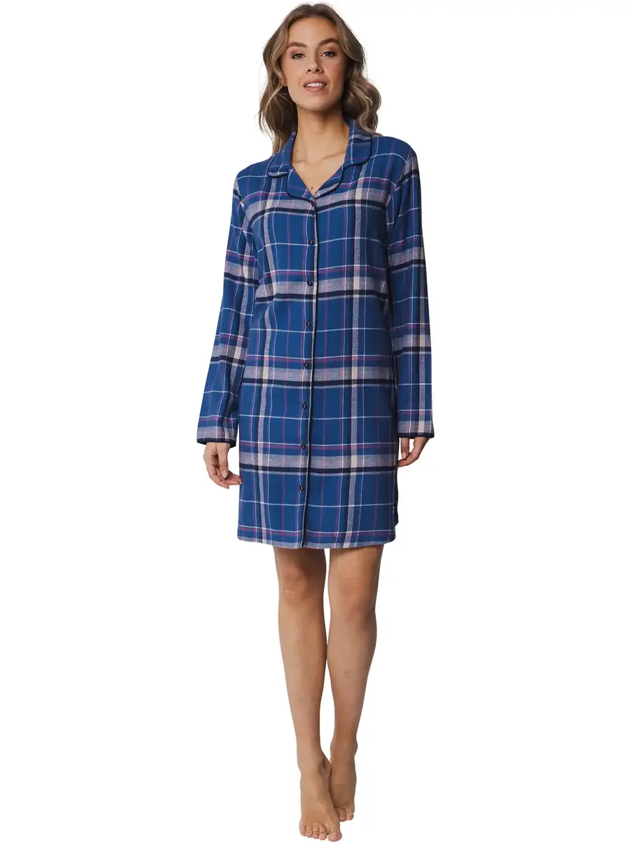 Rebelle Flanellen dames nachthemd lange mouw - Blauw geruit - 100% katoen