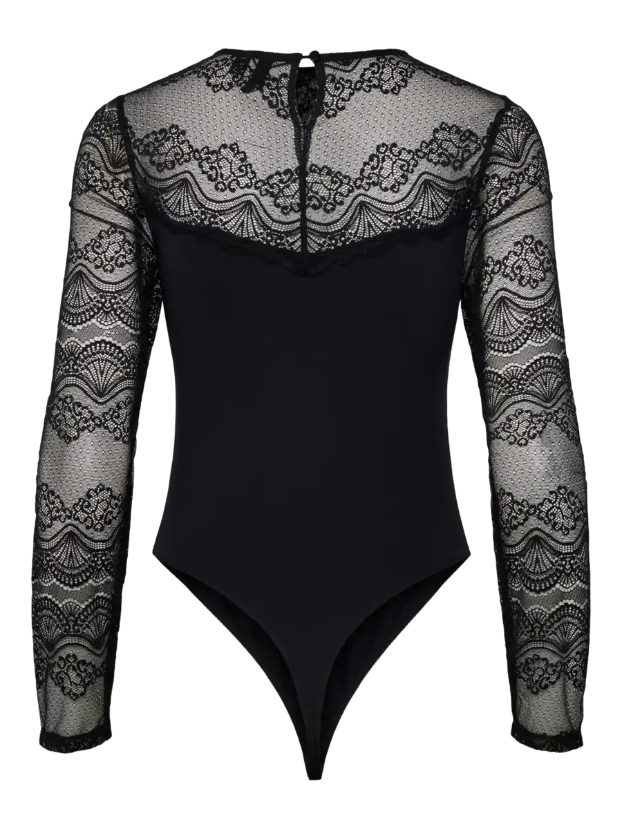 Pieces kanten body dames - Lace top Sinna - Zwarte bodysuit lange mouwen met hoge hals - lingerie body