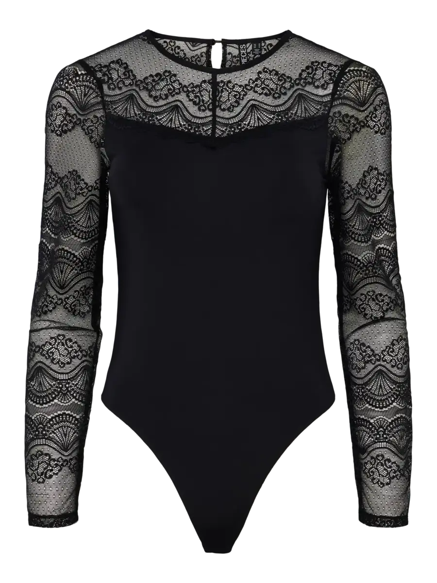 Pieces kanten body dames - Lace top Sinna - Zwarte bodysuit lange mouwen met hoge hals - lingerie body