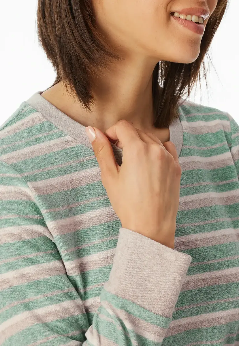 Schiesser dames pyjama badstof - Streep - Warme winter pyjama lange mouwen - Ronde hals - Met boordjes