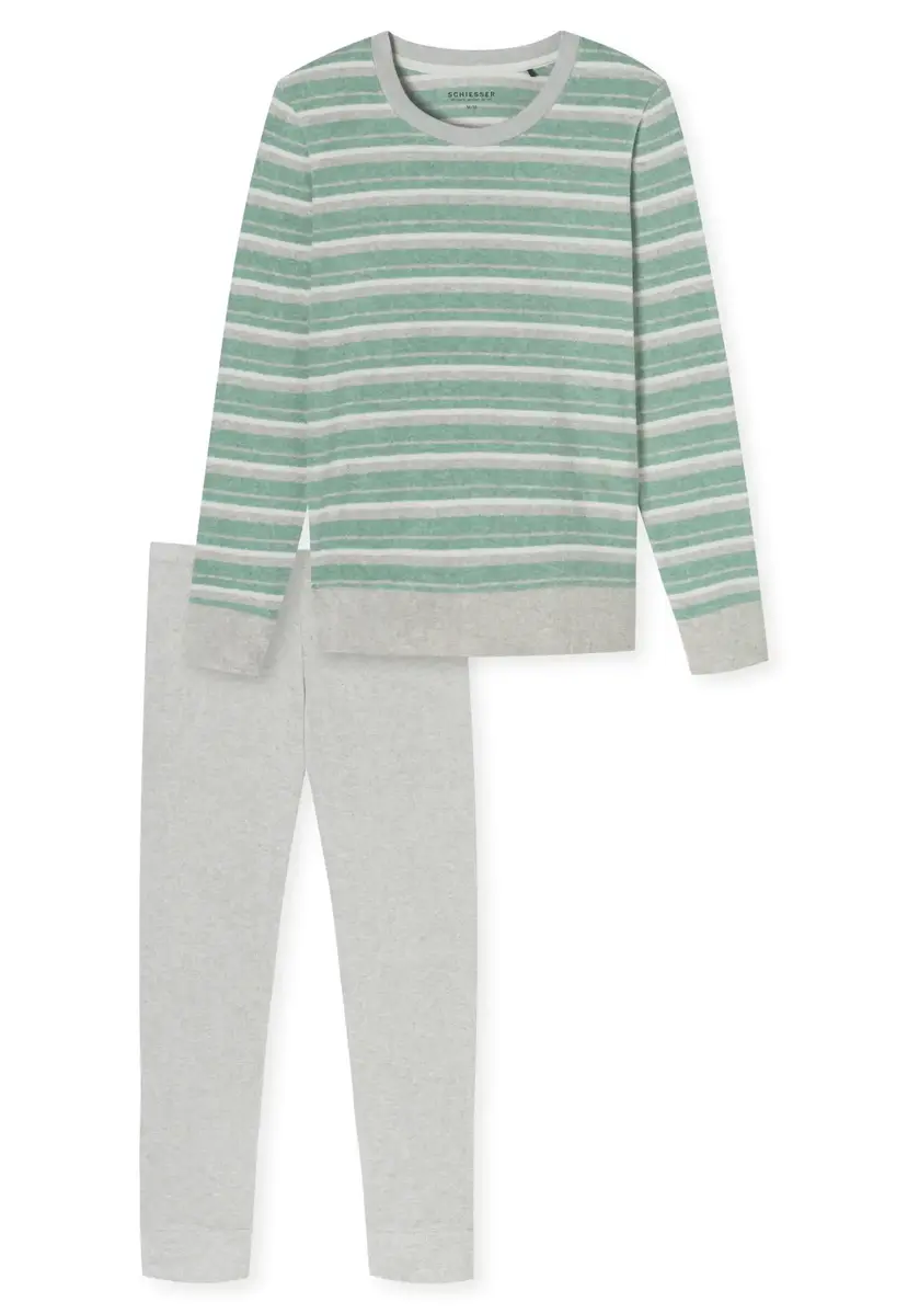 Schiesser dames pyjama badstof - Streep - Warme winter pyjama lange mouwen - Ronde hals - Met boordjes