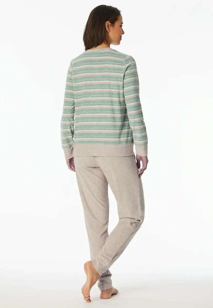 Schiesser dames pyjama badstof - Streep - Warme winter pyjama lange mouwen - Ronde hals - Met boordjes