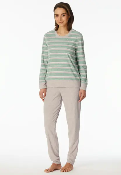 Schiesser dames pyjama badstof - Streep - Warme winter pyjama lange mouwen - Ronde hals - Met boordjes