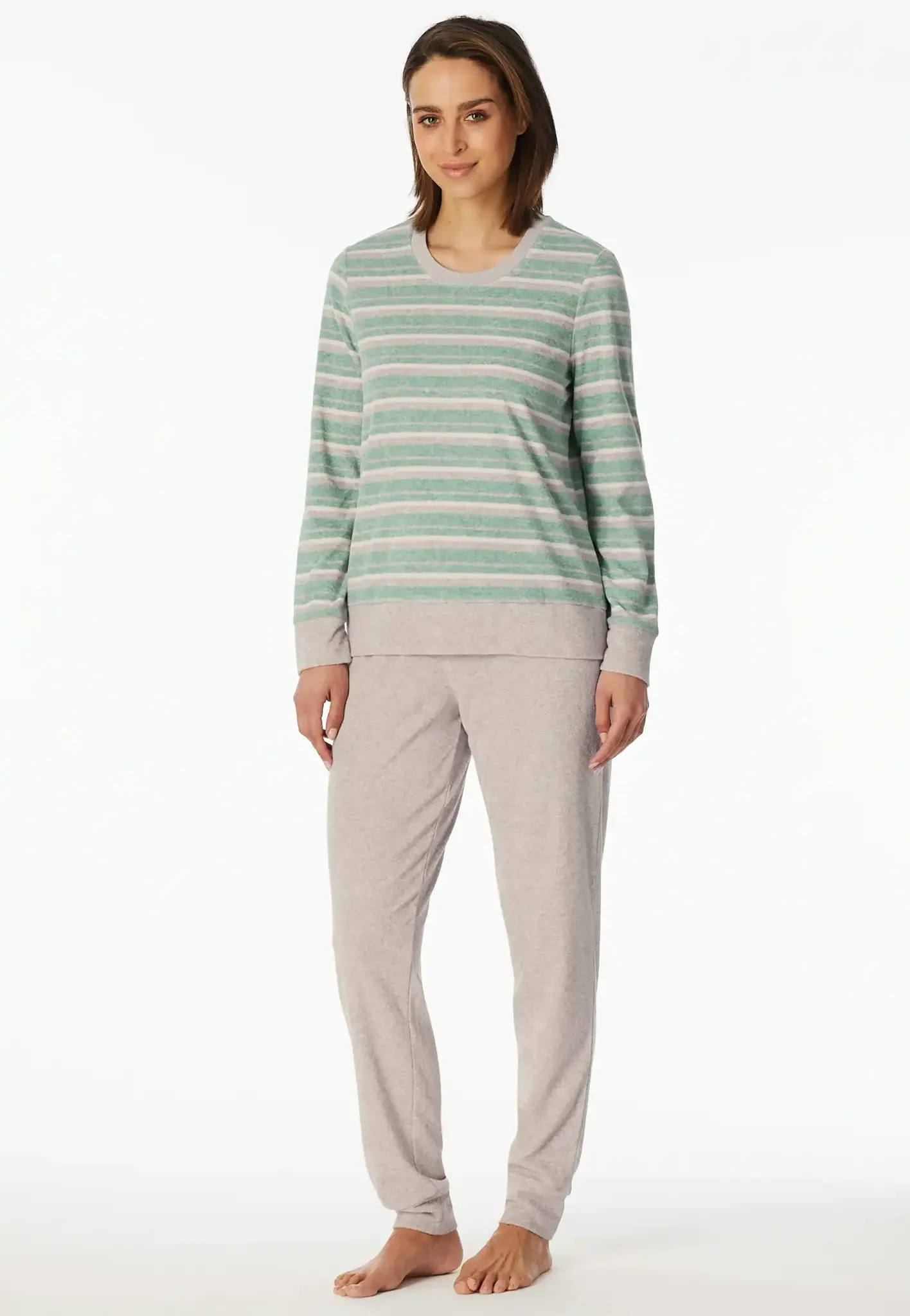 Schiesser dames pyjama badstof - Streep - Warme winter pyjama lange mouwen - Ronde hals - Met boordjes