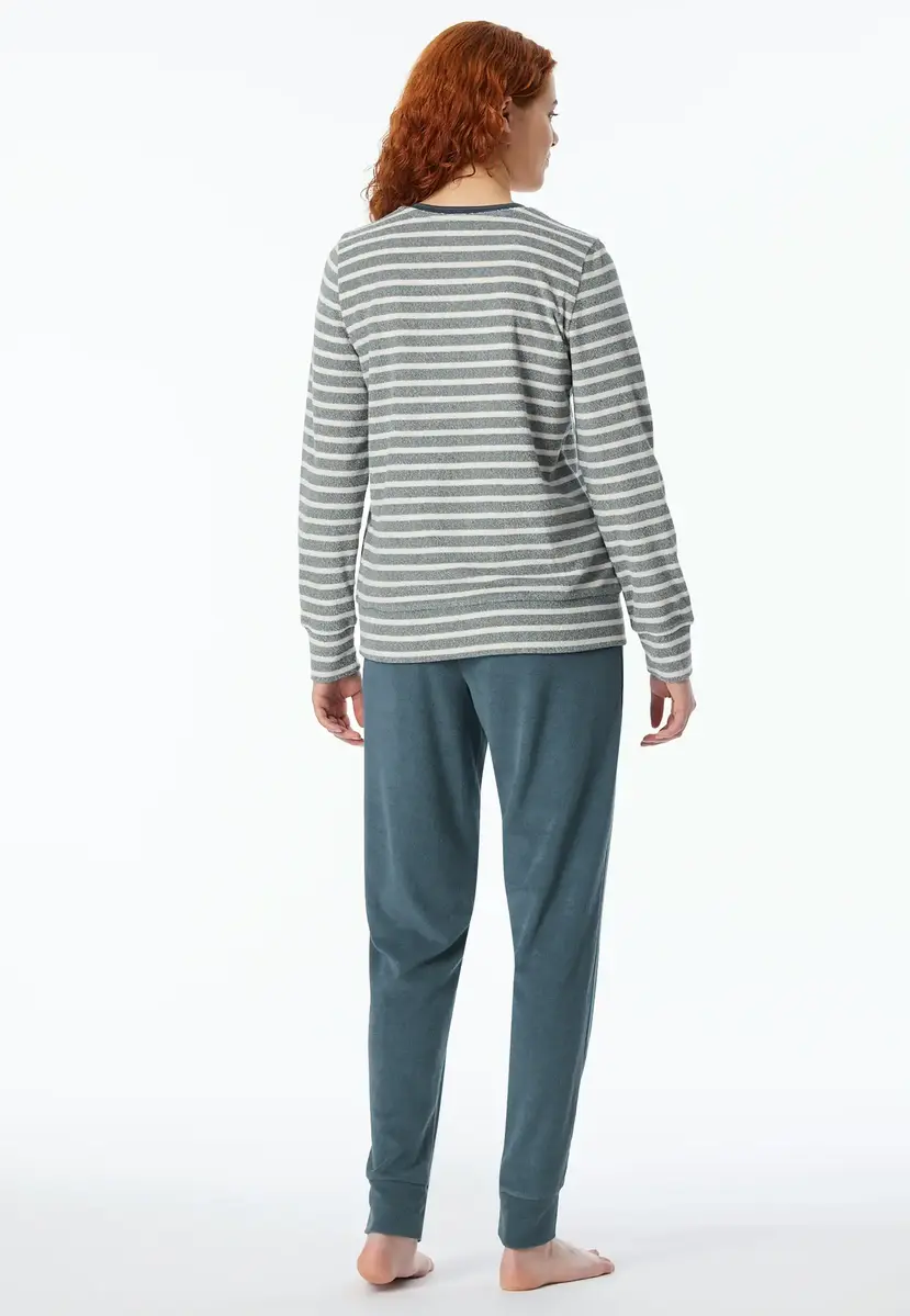 Schiesser dames pyjama badstof - Streep - Warme winter pyjama lange mouwen - Ronde hals - Met boordjes