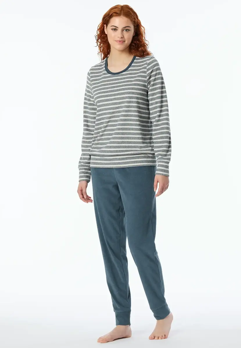 Schiesser dames pyjama badstof - Streep - Warme winter pyjama lange mouwen - Ronde hals - Met boordjes