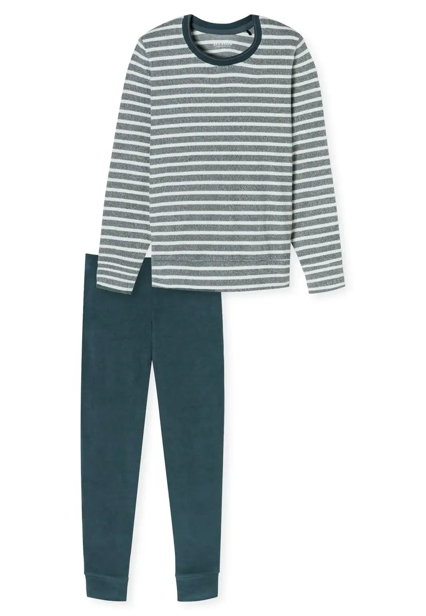 Schiesser dames pyjama badstof - Streep - Warme winter pyjama lange mouwen - Ronde hals - Met boordjes