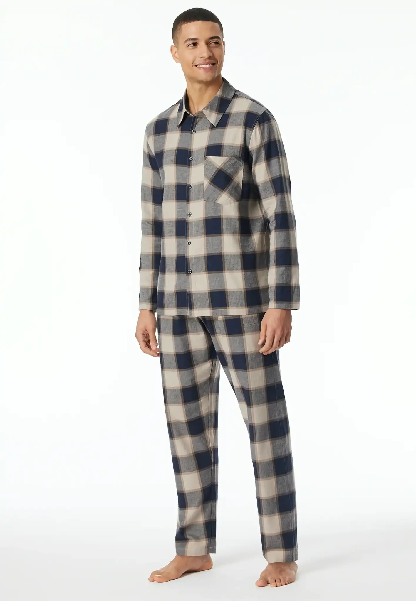 Schiesser Heren Flanellen Pyjama - Geruit - Selected! Premium Warming - Flanellen heren pyjama met ruit print en knoopsluiting