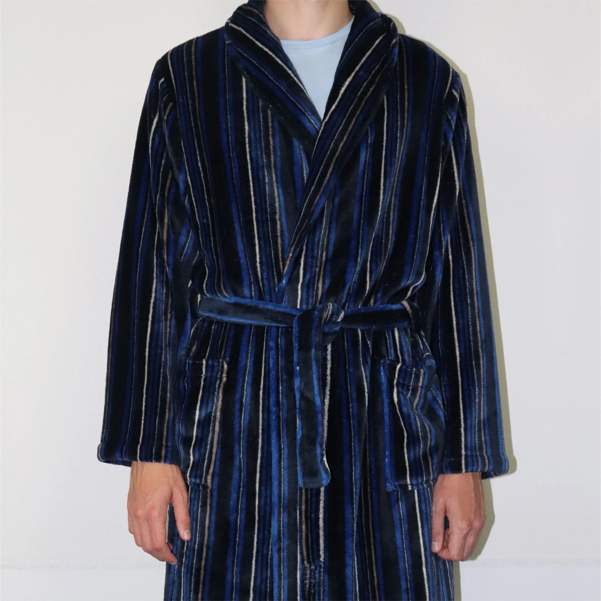 Paul Hopkins heren Fleece Badjas - Blue Stripe - Warme winter ochtendjas