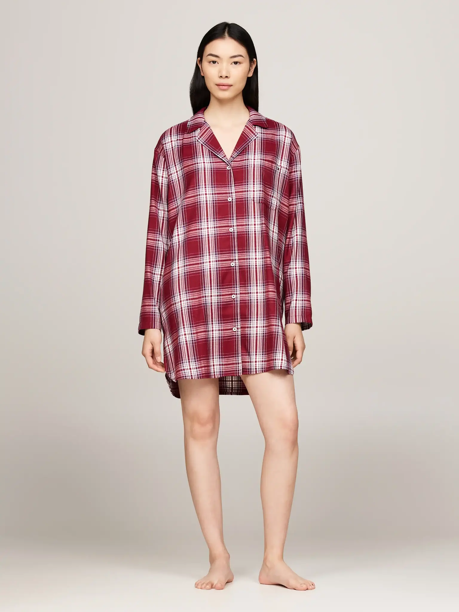 Tommy Hilfiger Dames flanellen nachthemd lange mouw - Ruit Rood - Knoopsluiting