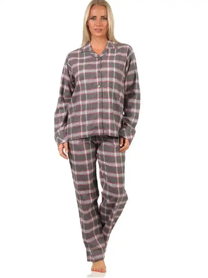 Norman Dames pyjama Flanel - Creative - 100% katoenen doorknoop pyjama