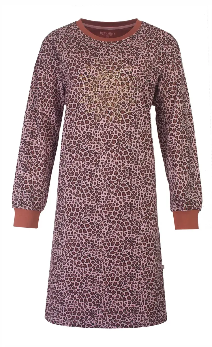 Irresistible dames nachthemd - Brown Leopard - 100% katoenen nachtjapon lange mouw