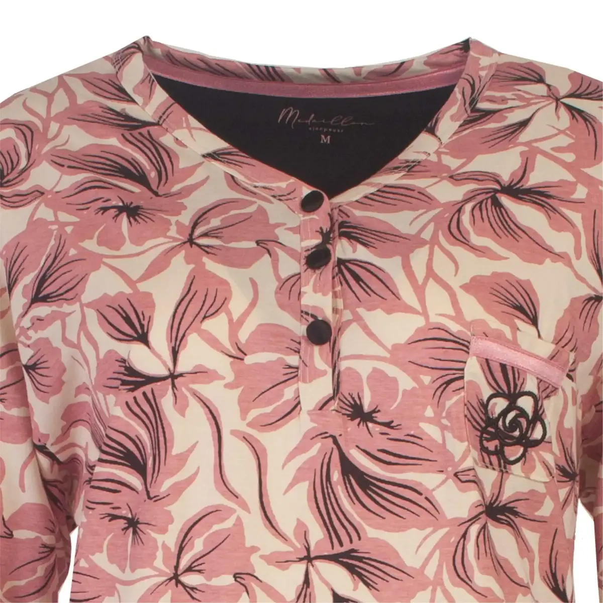 Medaillon dames nachthemd lange mouw - Blush Pink- 100% katoenen nachtjapon