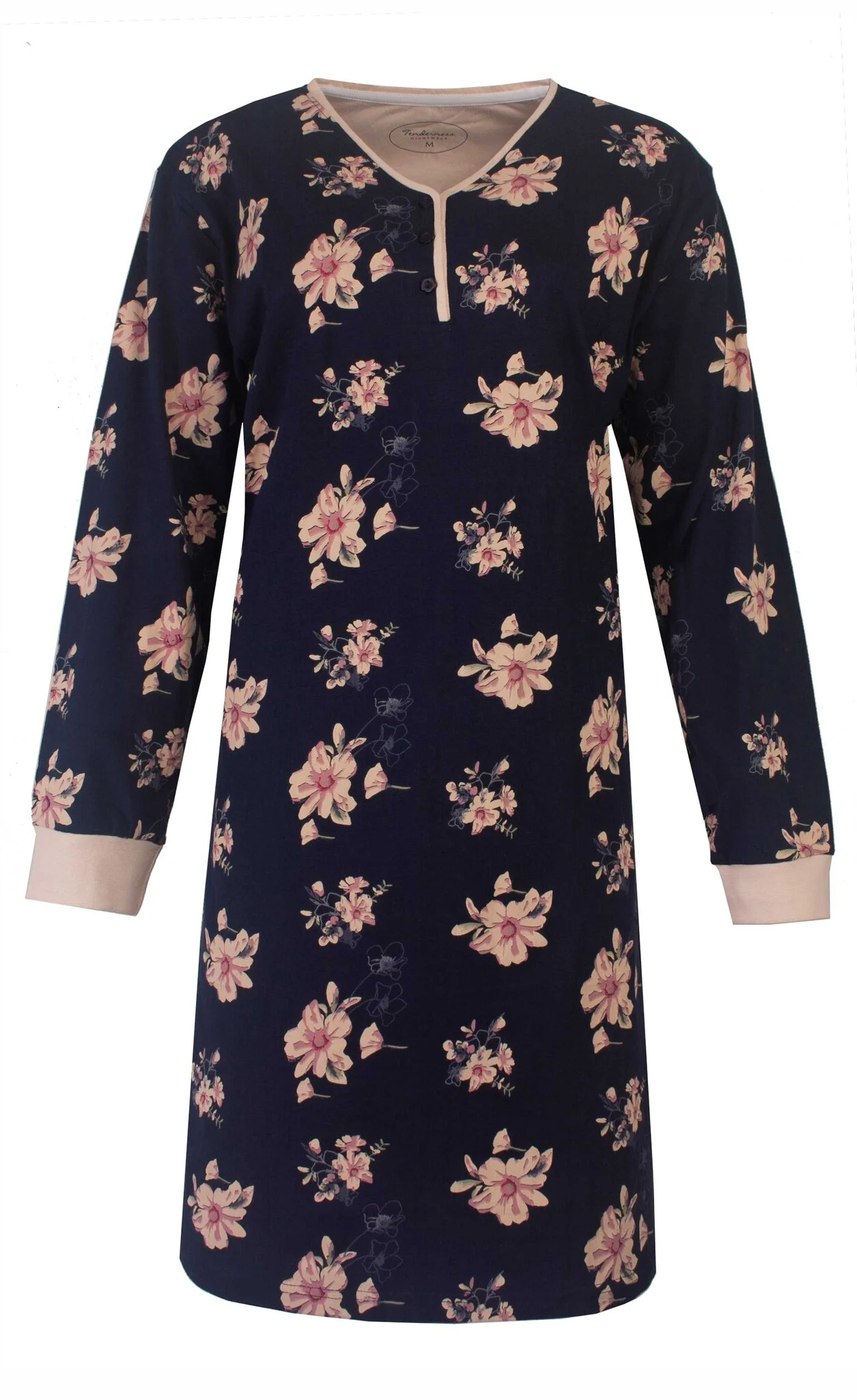 Tenderness dames nachthemd lange mouw - Navy Flower - 100% katoenen tricot nachtjapon met knoopsluiting