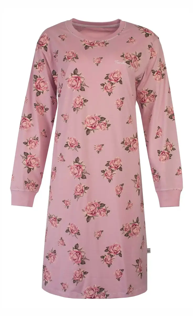 Tenderness dames nachthemd lange mouw - Pink Flower - Roze katoenen vrouwen nachtjapon