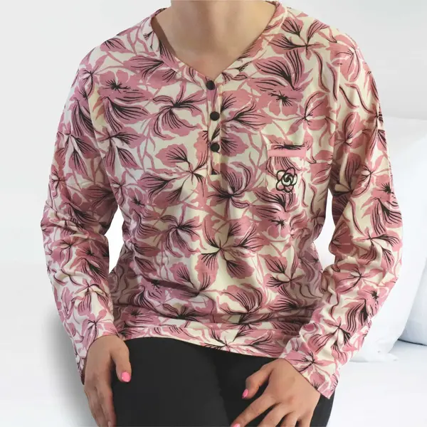 Medaillion dames pyjama Knoopsluiting - Blush Pink - Roze katoenen pyjama met lange mouwen