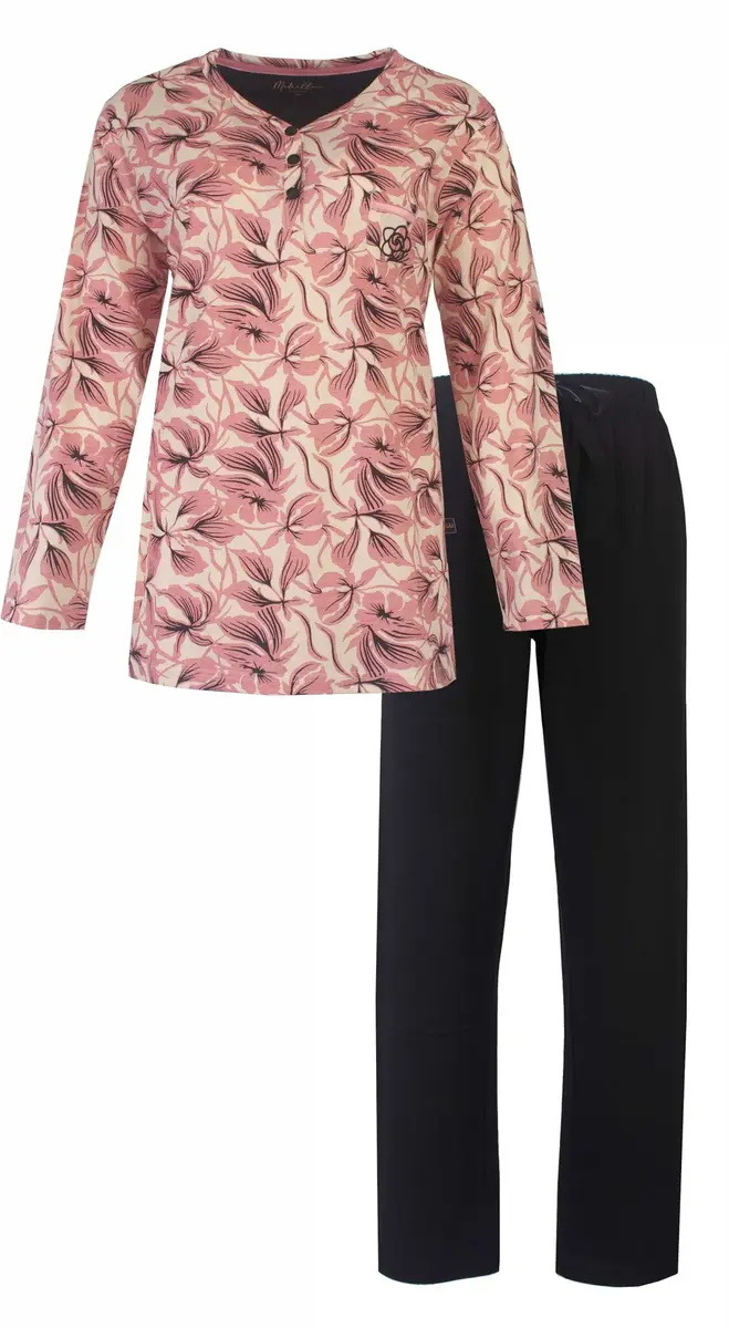 Medaillion dames pyjama Knoopsluiting - Blush Pink - Roze katoenen pyjama met lange mouwen