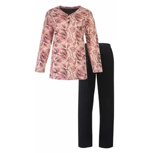 Medaillion dames pyjama Knoopsluiting - Blush Pink - Roze katoenen pyjama met lange mouwen