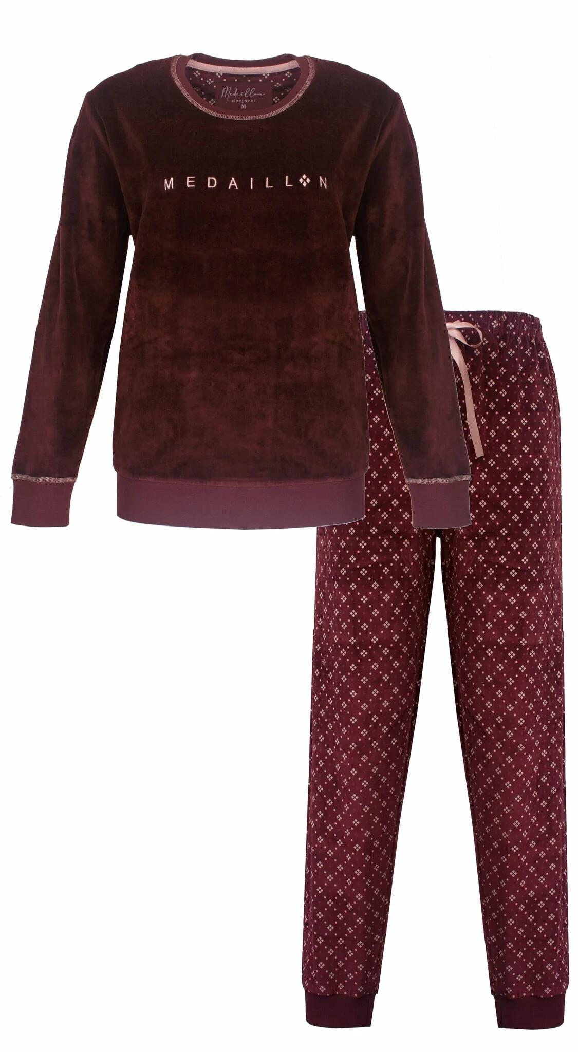 Medaillion warme dames velours pyjama - Winter Bordeaux - Warm pyjama pak