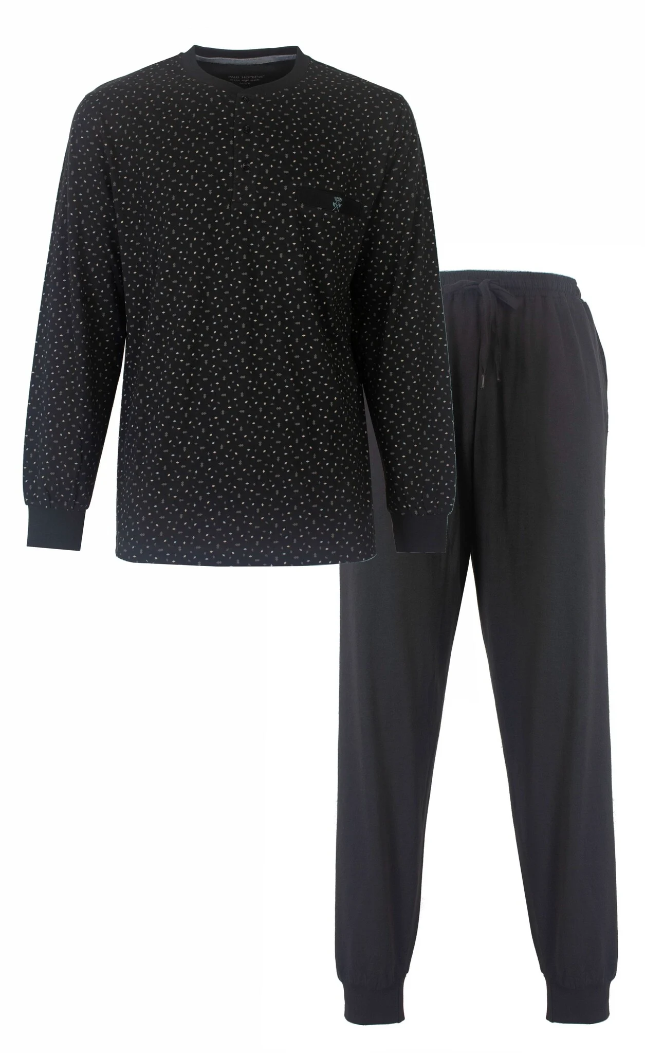 Paul Hopkins pyjama heren lange mouw - Black Dots - Zwarte katoenen mannen pyjama