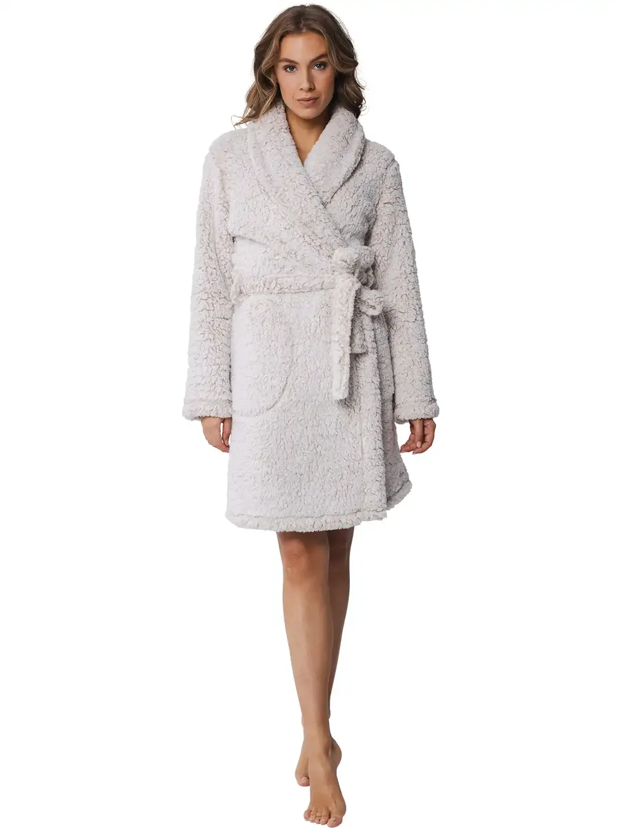 Pastunette Teddy dames badjas Fleece - 100Cm - Warme winter ochtendjas met sjaalkraag