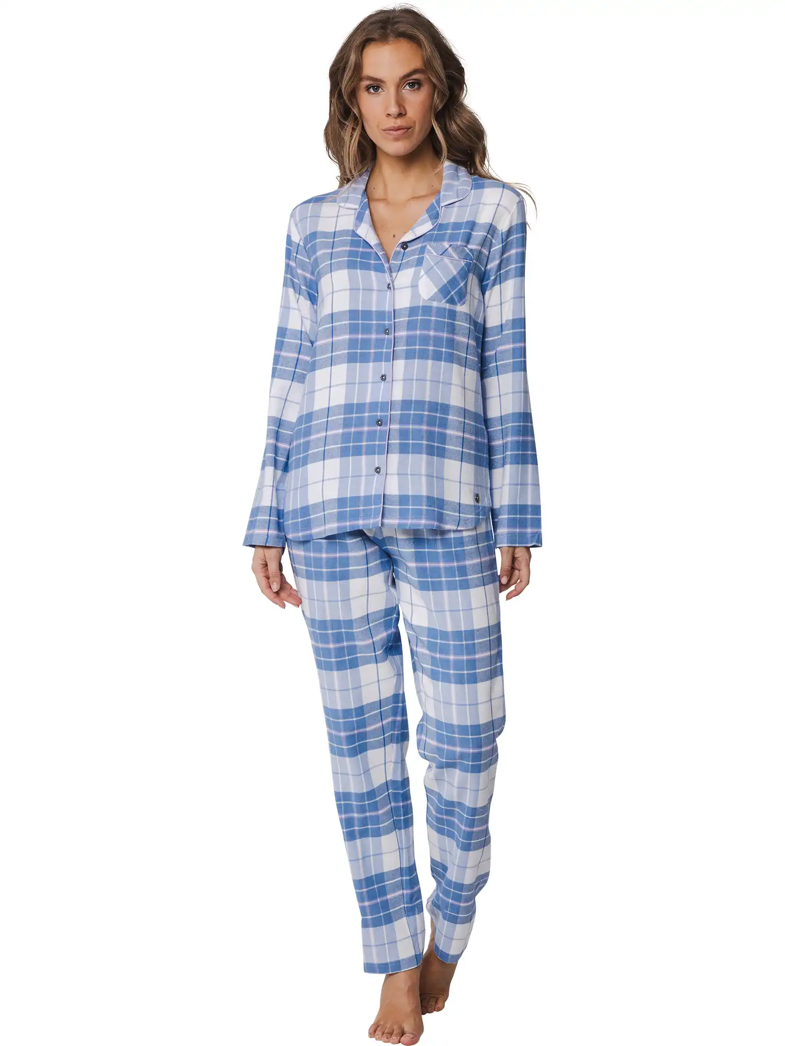 Rebelle dames pyjama Flanel - Ligt Blue - 100% katoenen pyjama met knoopsluiting en lange mouwen
