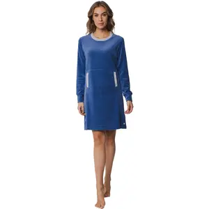 Pastunette velours dames nachthemd - Winter Blue - Winter nachtjapon met ronde hals