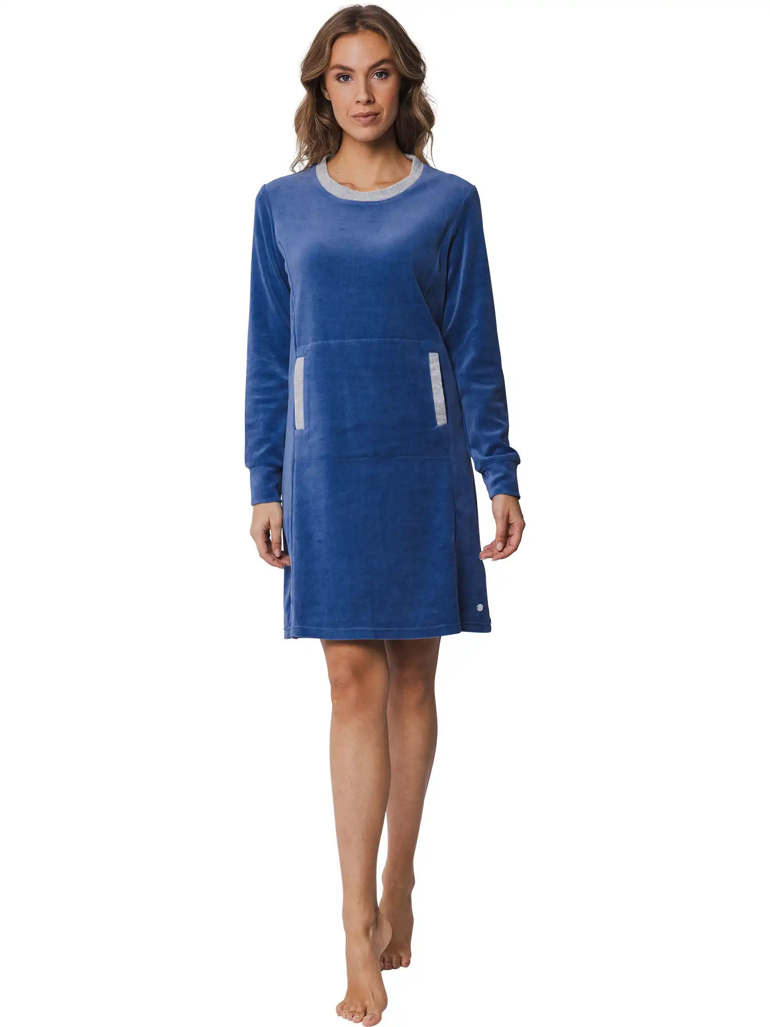 Pastunette velours dames nachthemd - Winter Blue - Winter nachtjapon met ronde hals