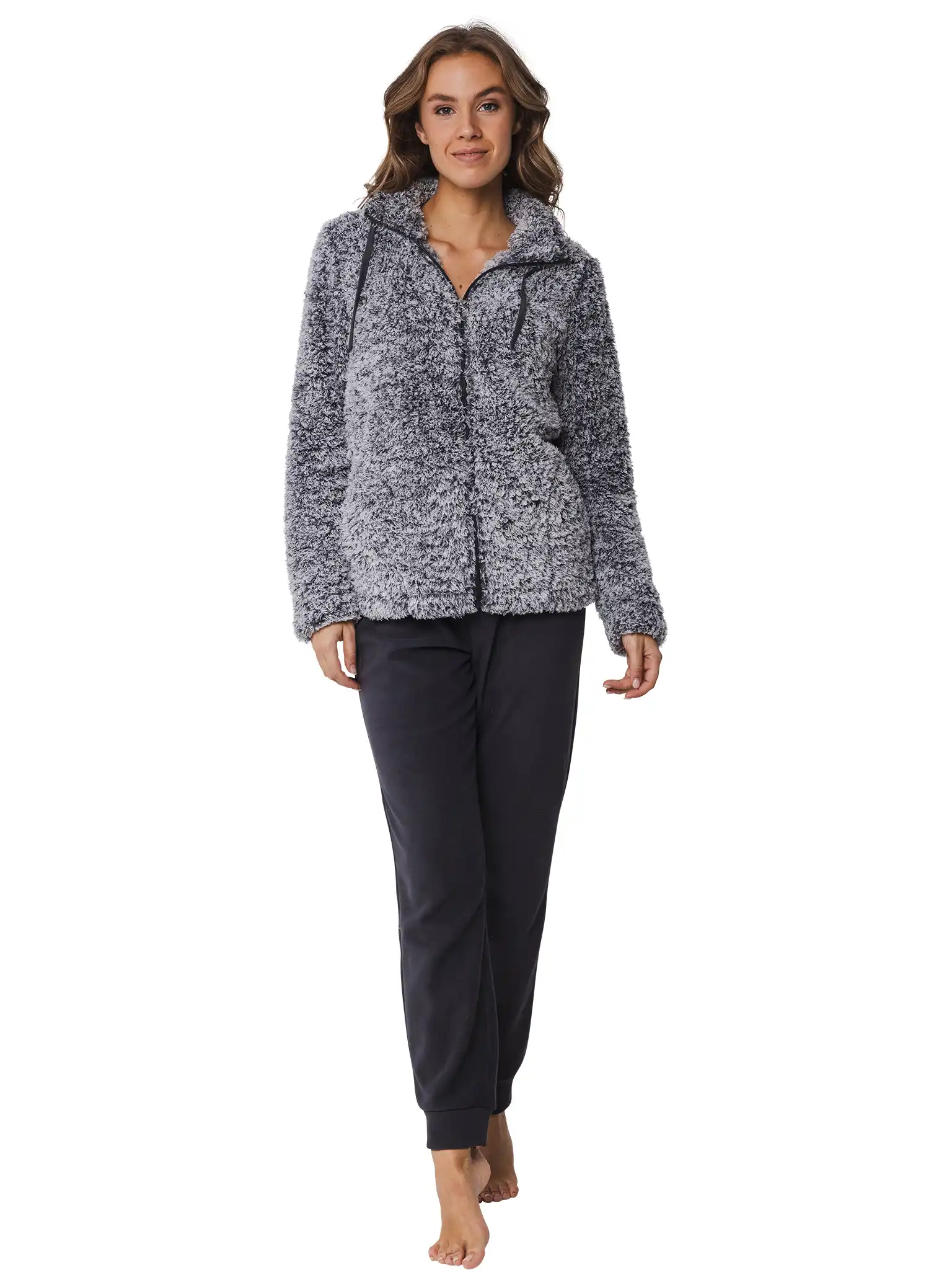 Rebelle Teddy Huispak Dames Fleece - Grijs - Warm 2-delig pyjama pak met rits
