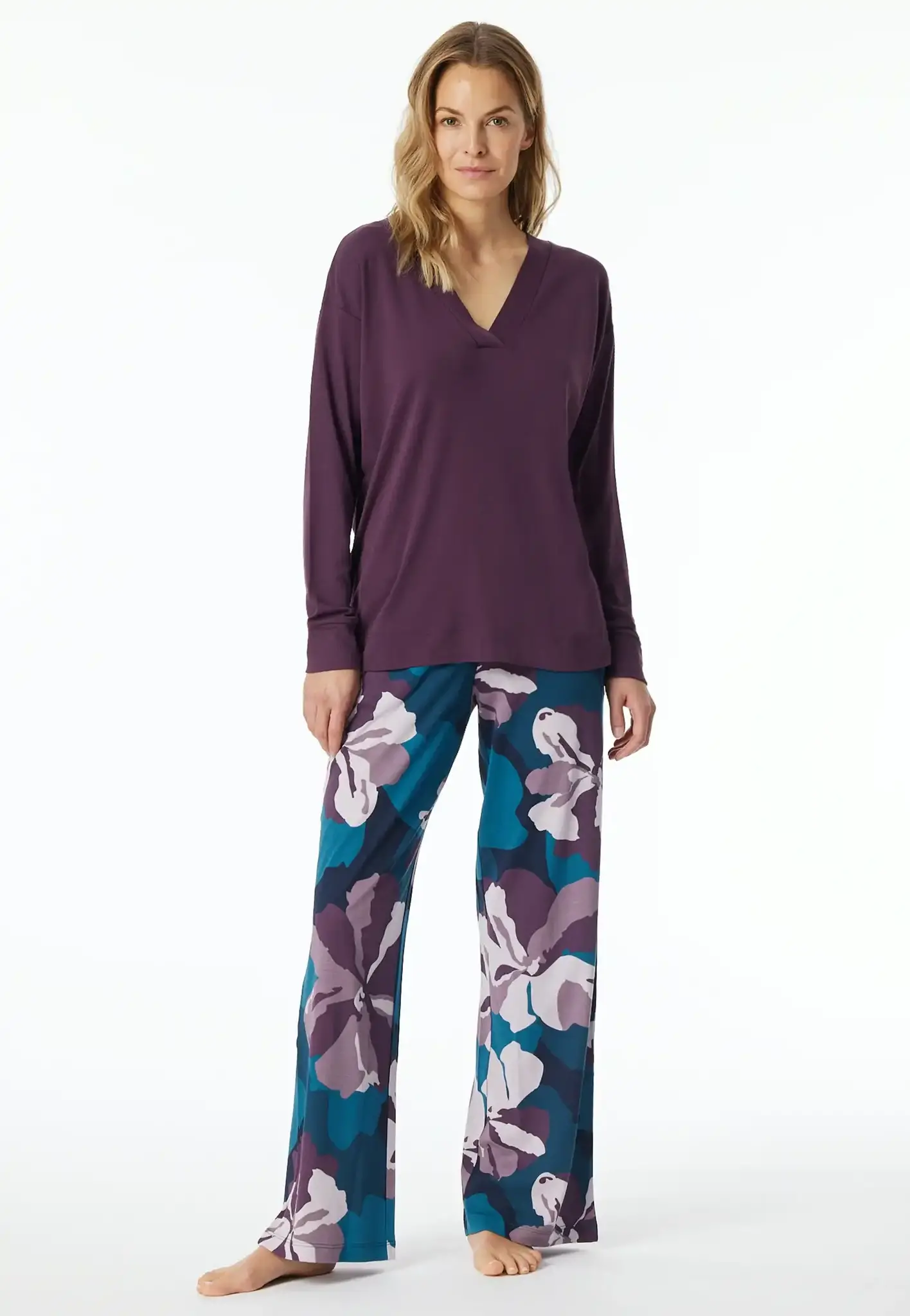 Schiesser dames pyjama lange mouw - Modal flower - Maat 44 - Luxe nachtkleding dames