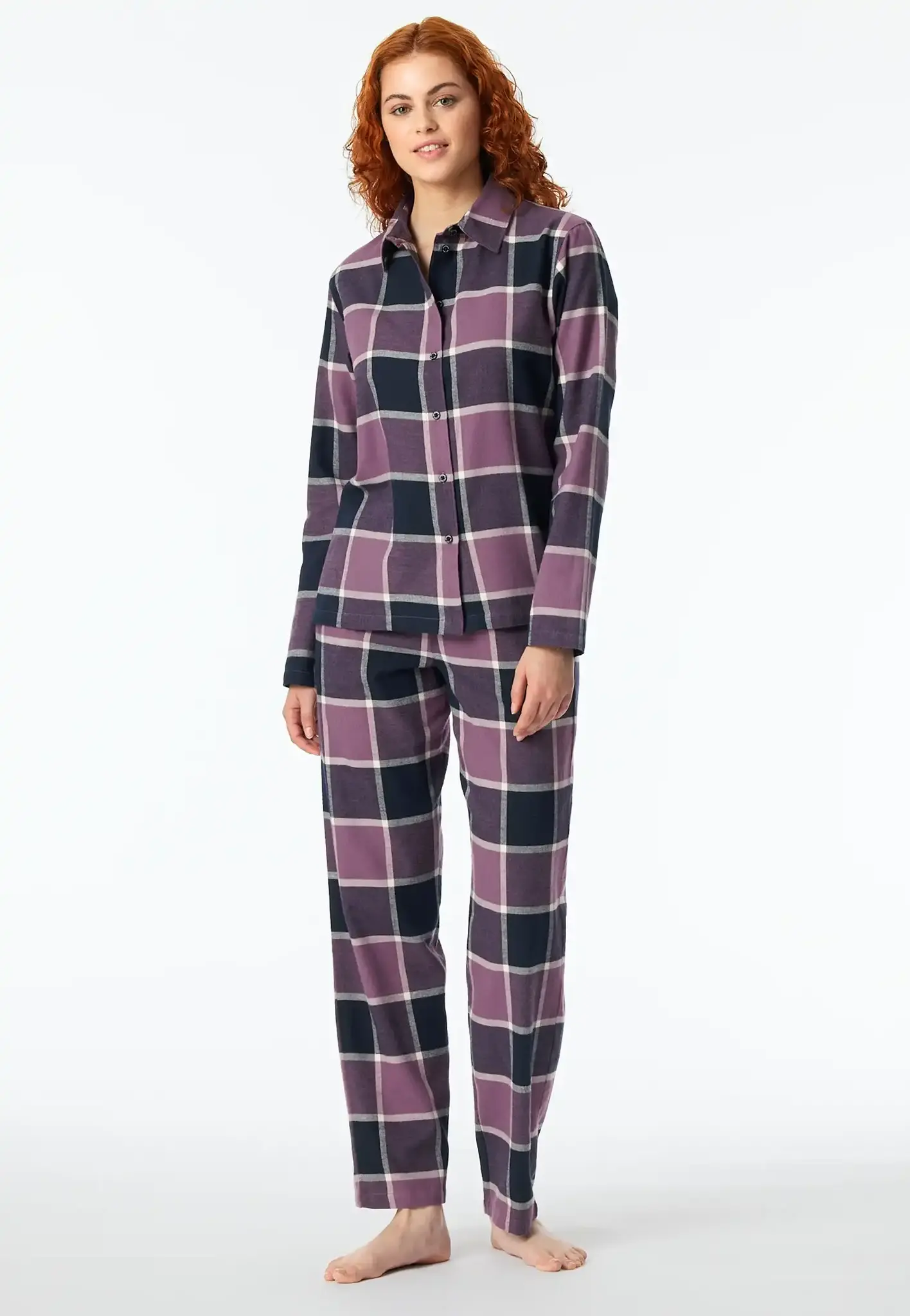 Schiesser dames pyjama flanel - Select Premium - Katoenen doorknoop pyjama lange mouwen