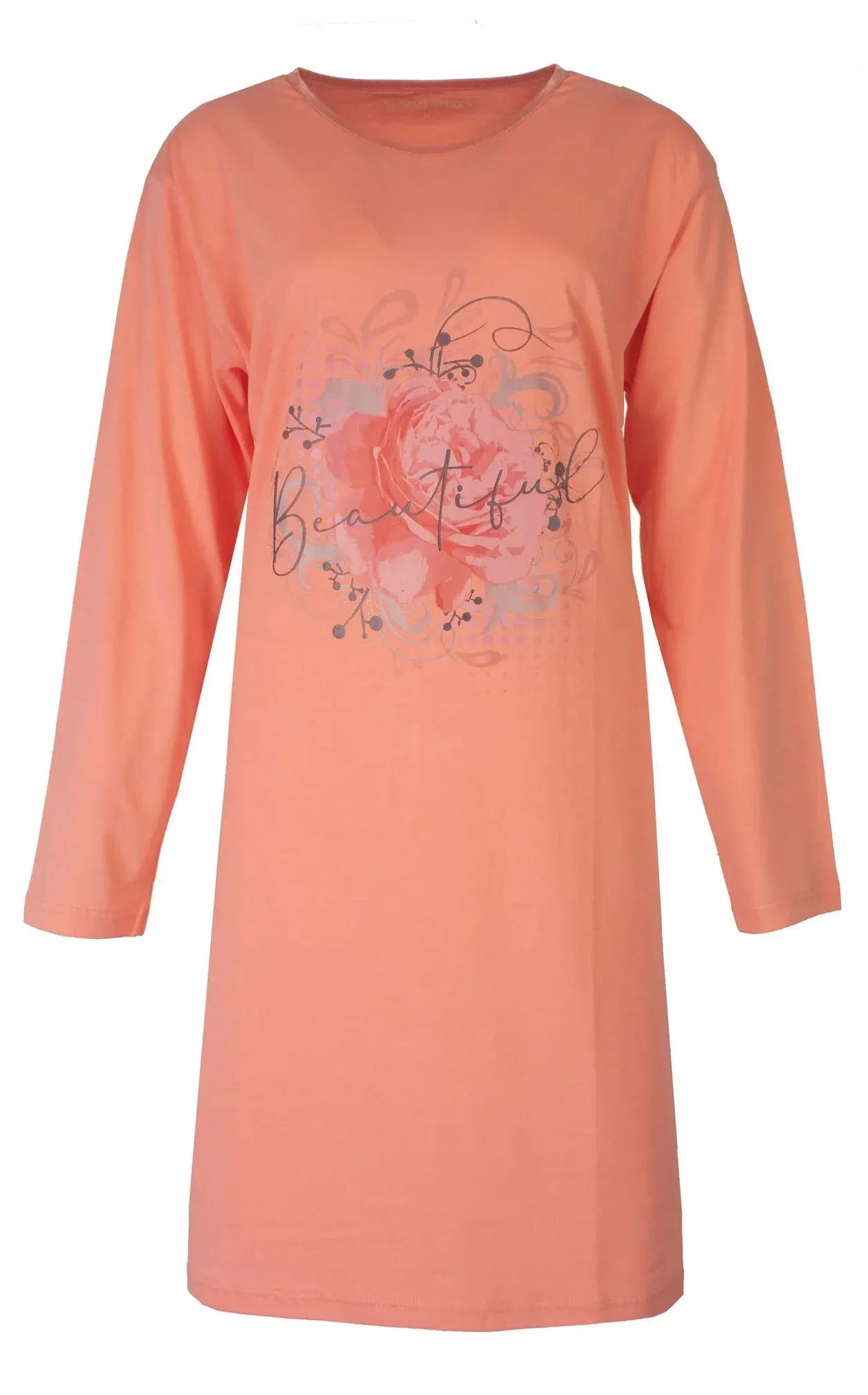 Temptation dames nachthemd lange mouw - Coral - Roze 100% katoenen nachtjapon ronde hals