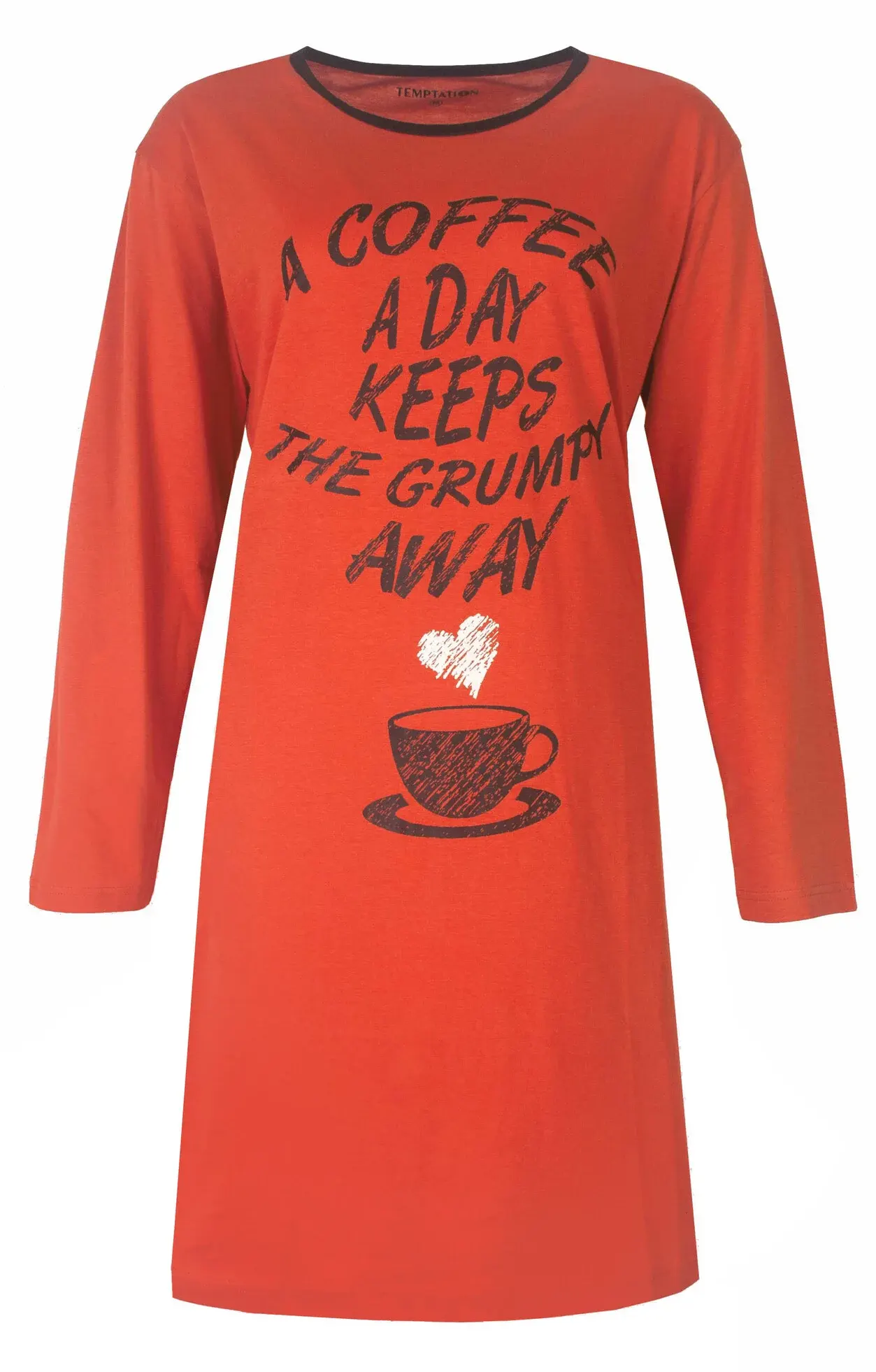 Temptation nachtjapon dames lange mouw - Coffee - Katoenen vrouwen nachthemd