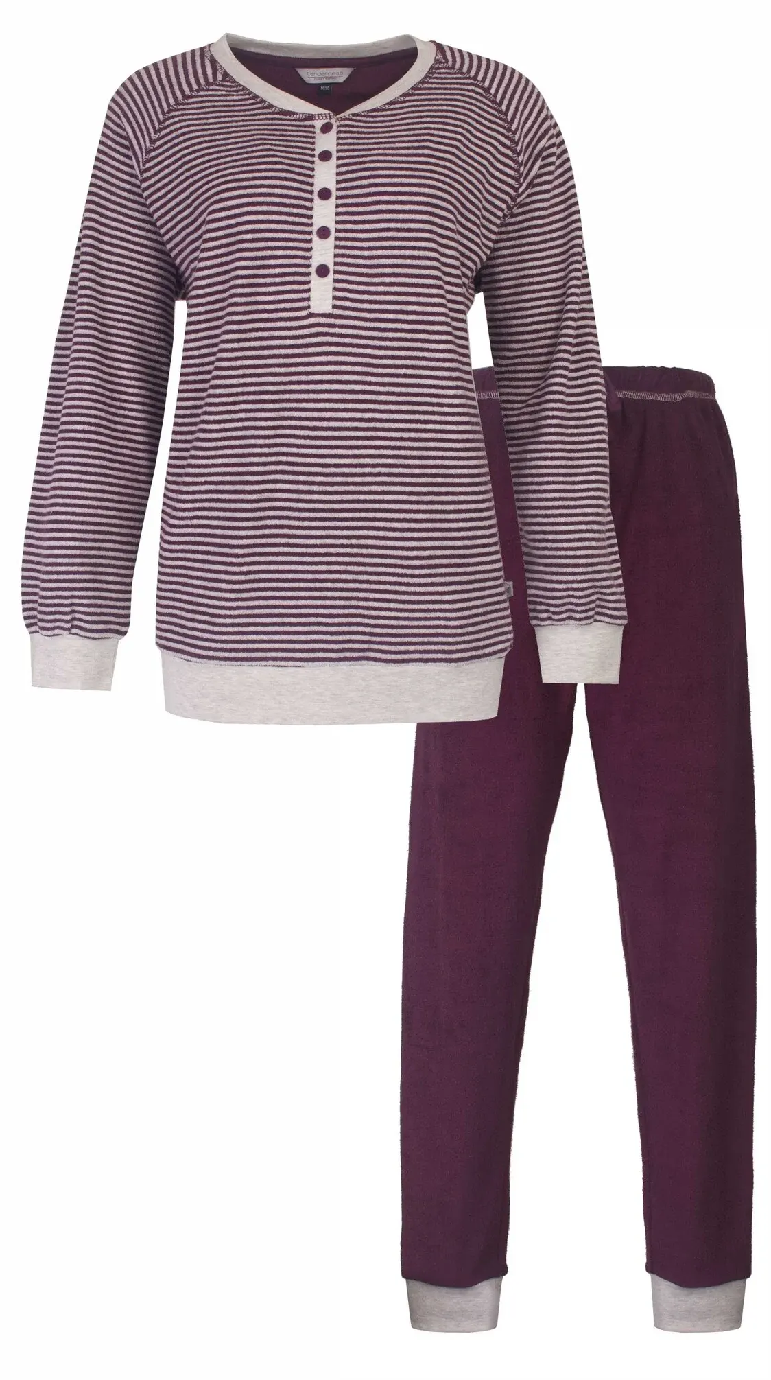 Tenderness Winter badstof dames pyjama - Bordeaux - Warm pyjama pak met boordjes