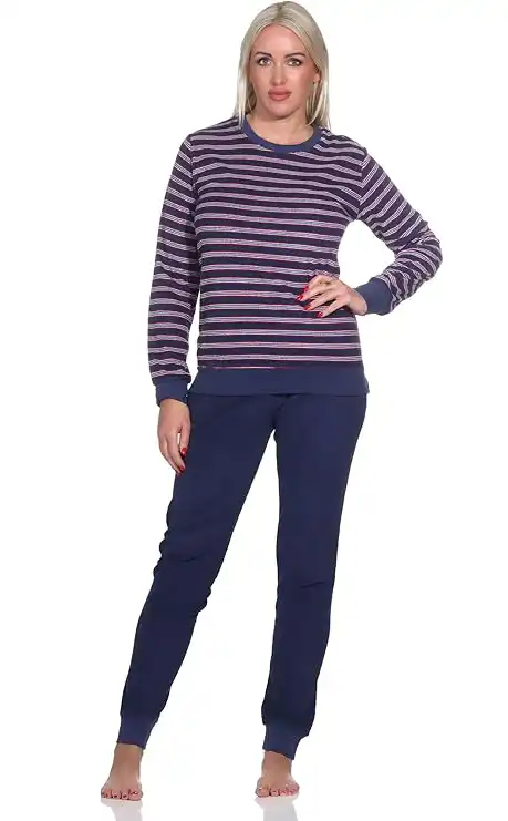 Normann dames pyjama badstof - Small Stripes - Warme winter pyjama