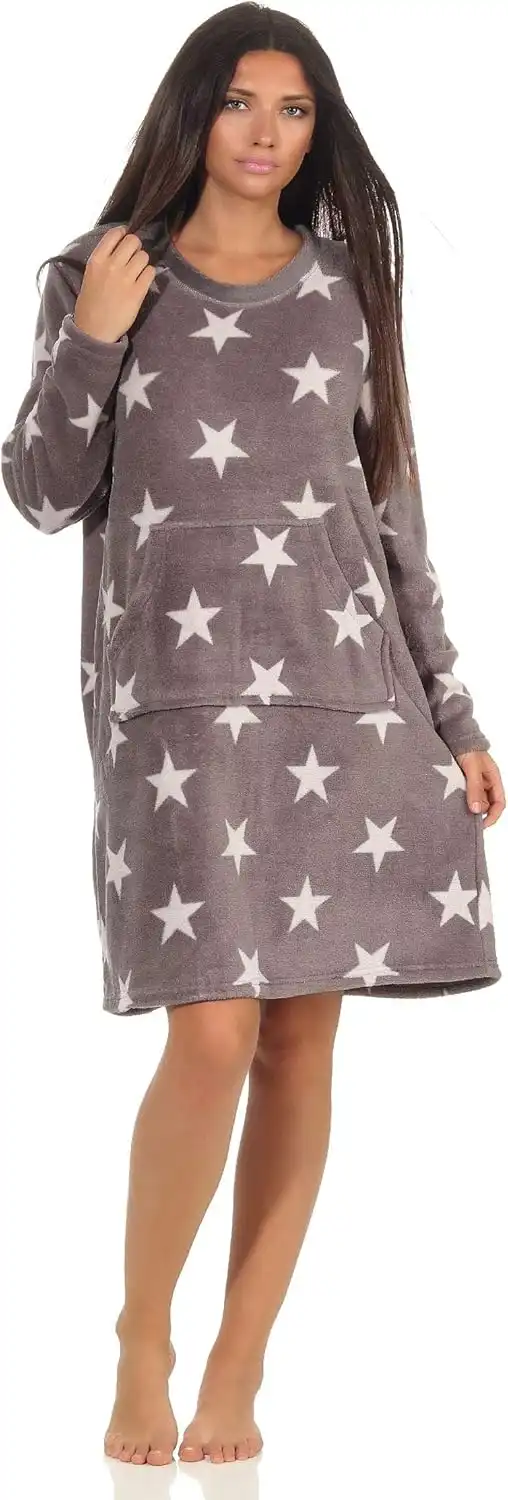 Normann Fleece dames nachthemd - Stars - Warm winter nachtjapon lange mouwen